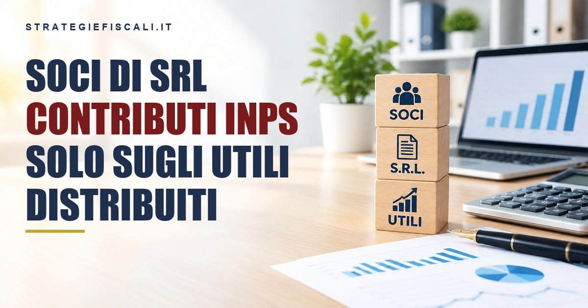 Copertina sui contributi INPS del socio lavoratore di Srl con blocchi di legno SOCI, SRL e UTILI su una scrivania