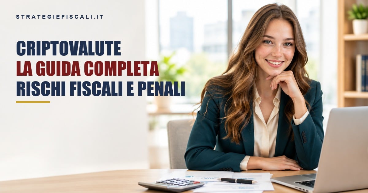Copertina della guida sulle criptovalute e sui rischi fiscali e penali, con professionista alla scrivania